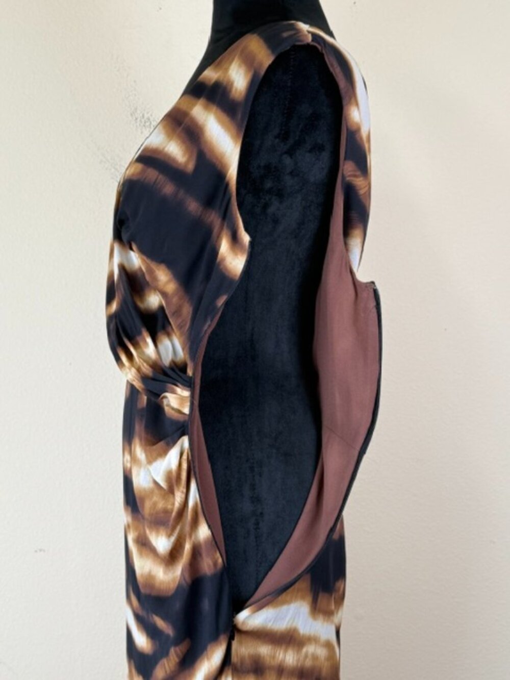 VTG Ann Taylor Silk Dress 12 Brown Animal Print Stretch Sleeveless Surplice - Picture 7 of 16